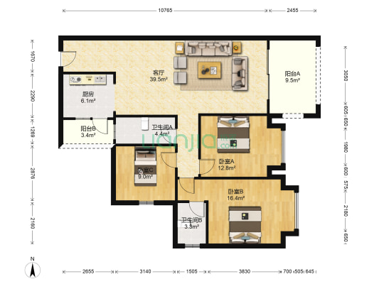 东方明珠花园 3室1厅2卫 125平方