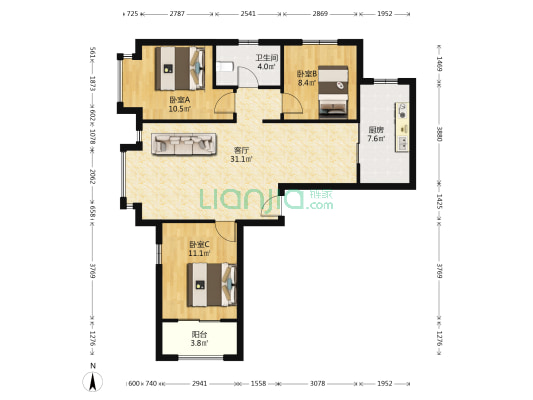 南北通透三居 随时看房 独立餐厅-户型图