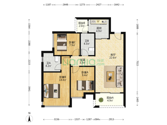 招商悦府 3室1厅2卫 95平方