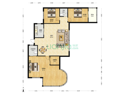 罗星花园 3室1厅2卫 166平方