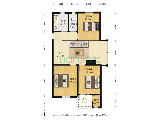 双涵社区 3室1厅1卫 75平方