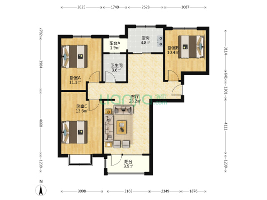 南北通透三居，采光好视野开阔，全款房无抵押-户型图
