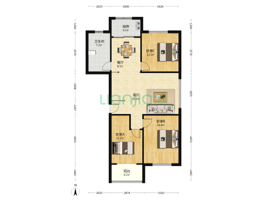 名都公寓 3室2厅1卫 114平方