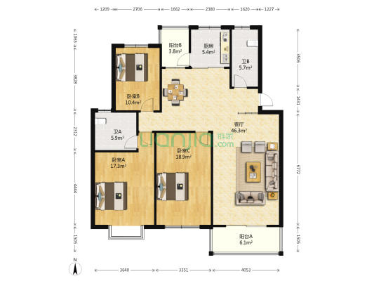 万豪花园 3室1厅2卫 130平方