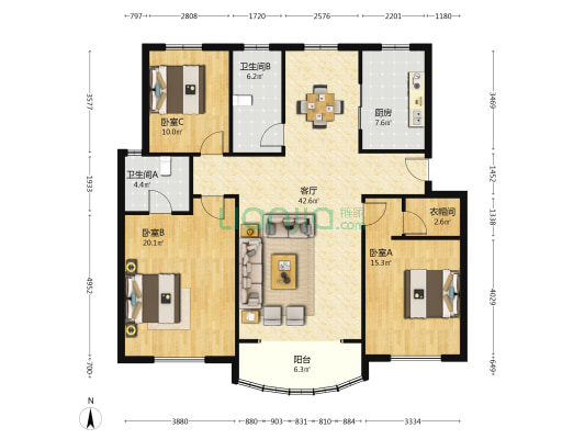 晨兴公寓 3室1厅2卫 136平方