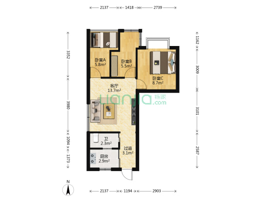 慎德里社区 3室1厅1卫 53平方