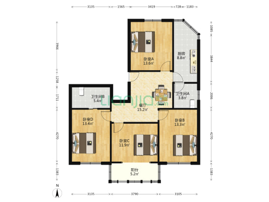 嘉欣公寓 4室1厅2卫 116平方