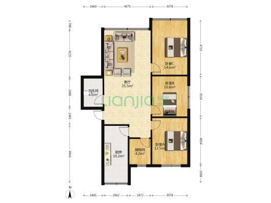 和谐家园 3室1厅1卫 117平方
