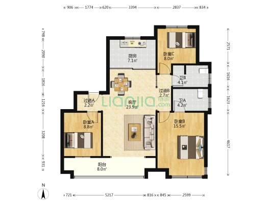 金茂悦宏云南区 3室1厅2卫 117平方