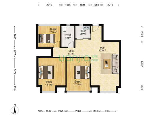 复地江城国际 3室1厅1卫 91平方