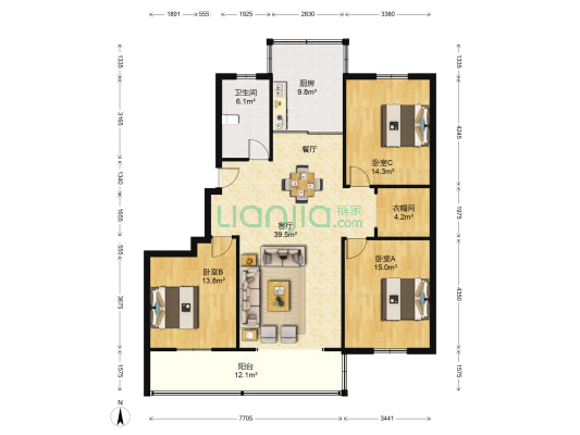 新开苑东区 3室1厅1卫 135平方