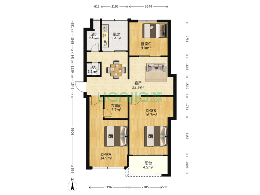 省物资厅宿舍 3室1厅2卫 83平方