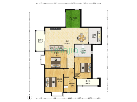 滨湖世纪城徽昌苑 3室1厅1卫 122平方