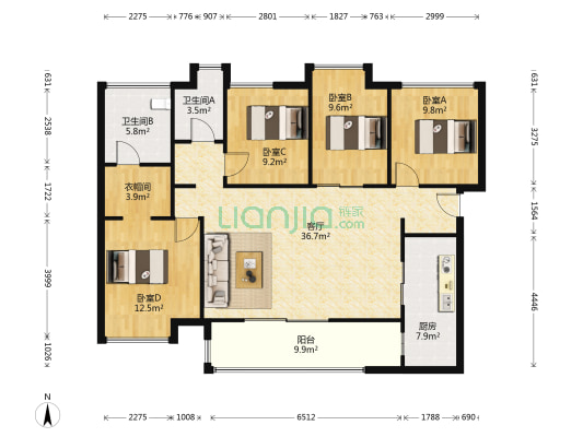 万科金域名邸一期 4室1厅2卫 127平方