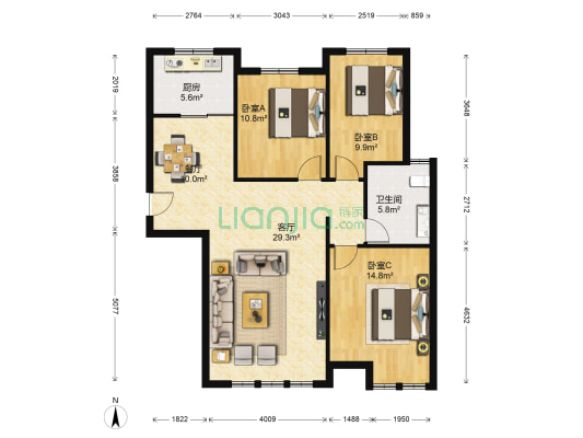 东方星城·樱花园 3室2厅1卫 119平方