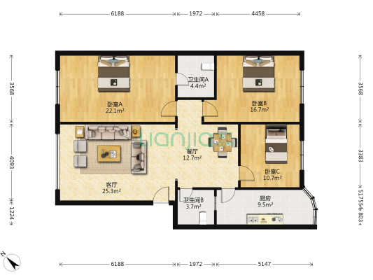 正北上街45号院 3室2厅2卫 117平方