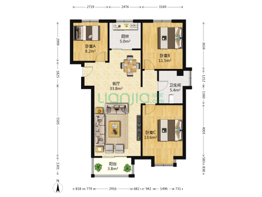 阳光高第 3室1厅1卫 100平方