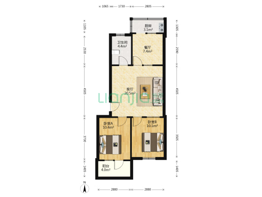 西新苑北区 2室2厅1卫 77平方