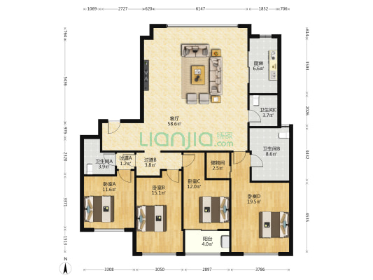 建发养云 4室1厅3卫 198平方
