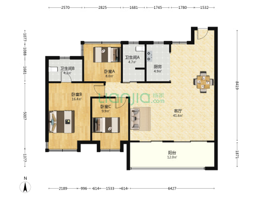 龙湖翠湖壹号 3室1厅2卫 135平方