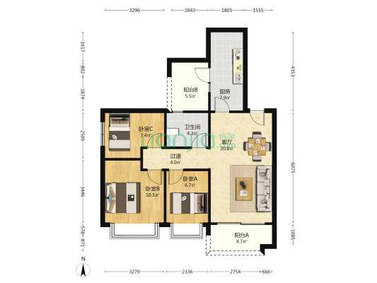 恒大新城四期 3室1厅1卫 95平方