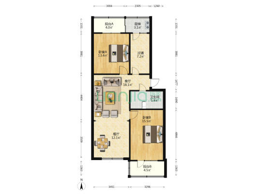 奶生堂小区 2室2厅1卫 88平方