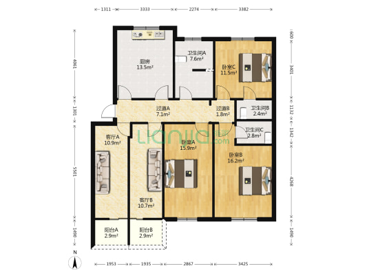 外山公寓 3室2厅3卫 125平方