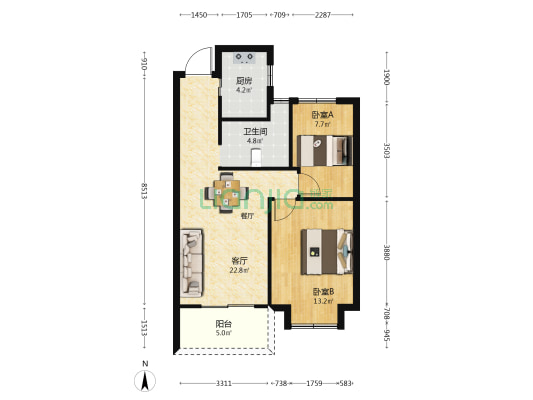 中梁百悦城 2室1厅1卫 75平方