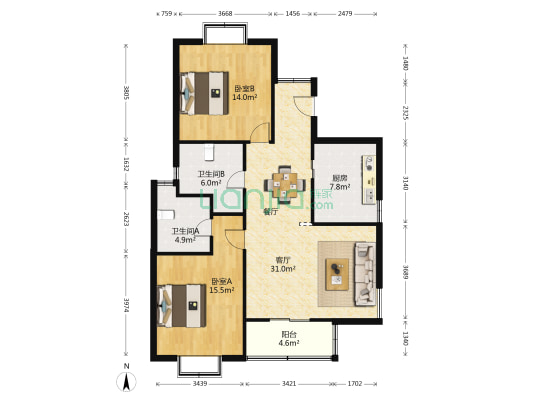 春申城四季苑 2室1厅2卫 103平方