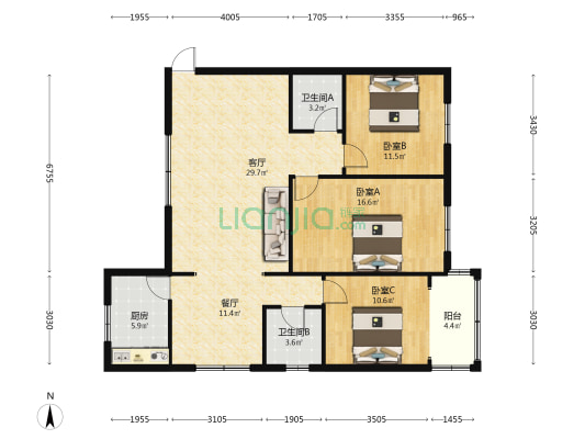 北街(都江堰) 3室2厅2卫 114平方