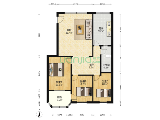 市财政局宿舍 3室2厅1卫 76平方