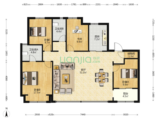 鹿鸣华苑 4室1厅2卫 168平方