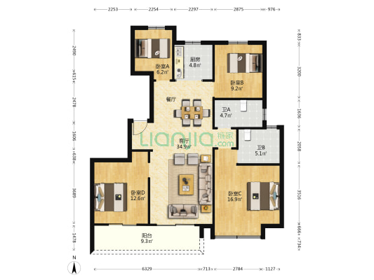 绿城明月江南 4室1厅2卫 134平方