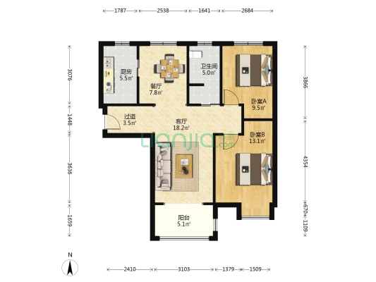 美丽景湾 2室2厅1卫 99平方