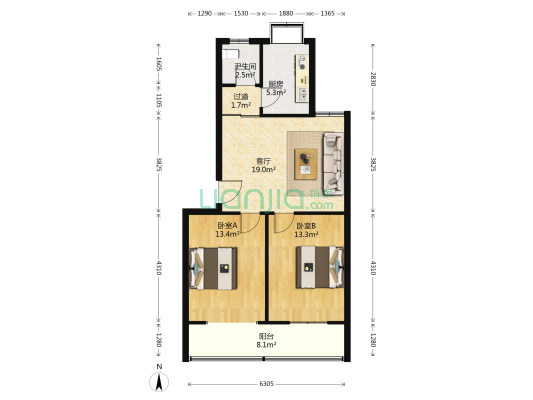 建新街2号院 2室1厅1卫 77平方