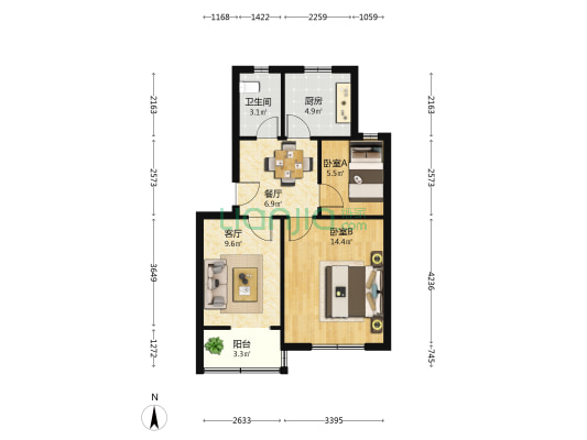宏东花苑 2室2厅1卫 59平方