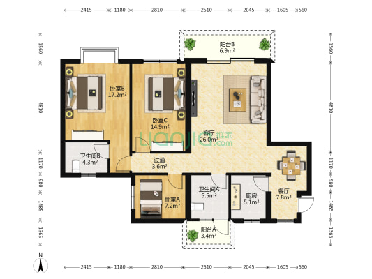 水岸星城B小区 3室2厅2卫 110平方