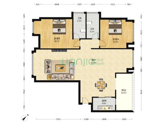 雍湖公园里 2室1厅2卫 133平方