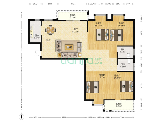 潘墩新城(三区) 4室1厅2卫 154平方