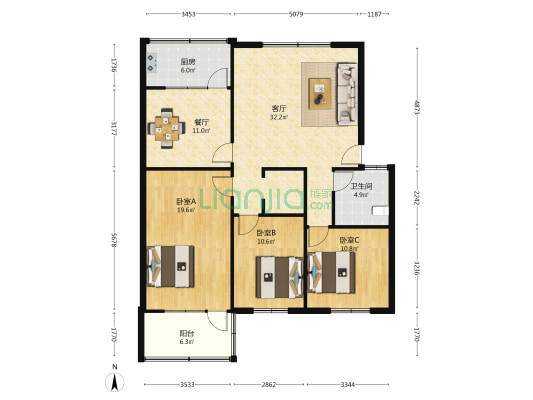 盖佳花园路北小区 3室2厅1卫 123平方