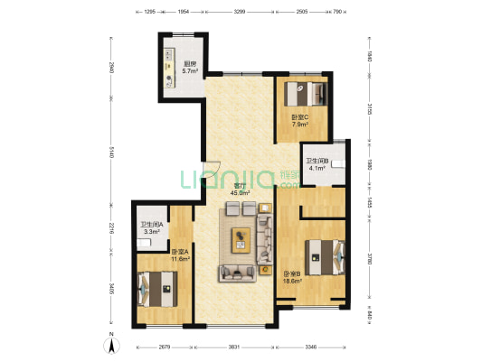 城建上河湾北区 3室1厅2卫 133平方