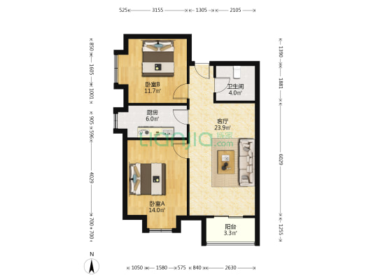 南向两居拎包入住，楼层好，采光好-户型图