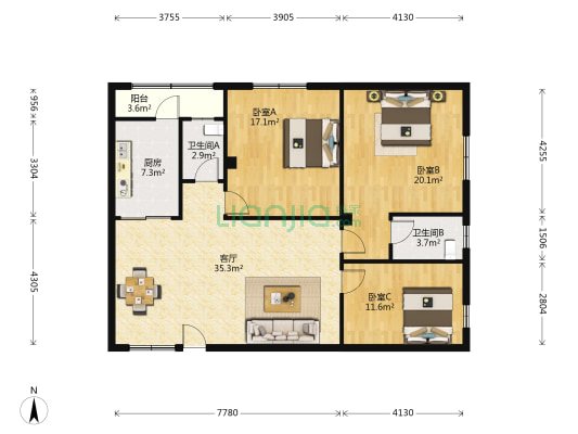 金宝小区 3室1厅2卫 125平方