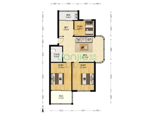 杨柳湾公寓 3室2厅1卫 89平方