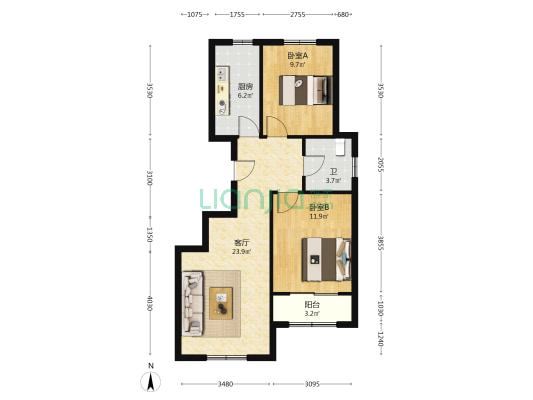 东越河家园 2室1厅1卫 85平方