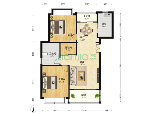 玫瑰广场 2室2厅1卫 111平方