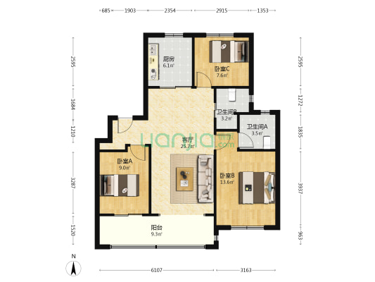 中建翰林雅境 3室1厅2卫 98平方