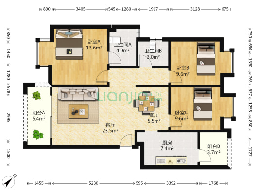 天乙华庭A区 3室2厅2卫 105平方