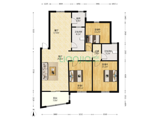 阳光嘉苑 3室2厅2卫 129平方