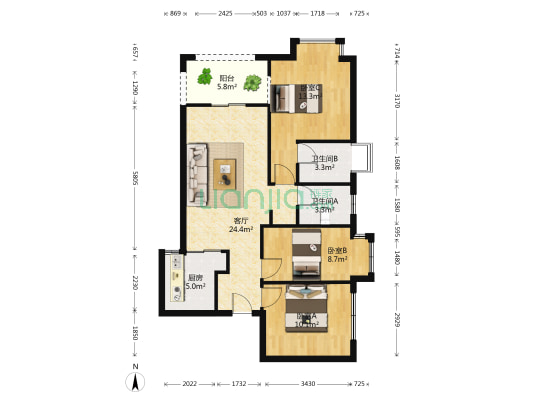中泰峰境 3室1厅2卫 95平方